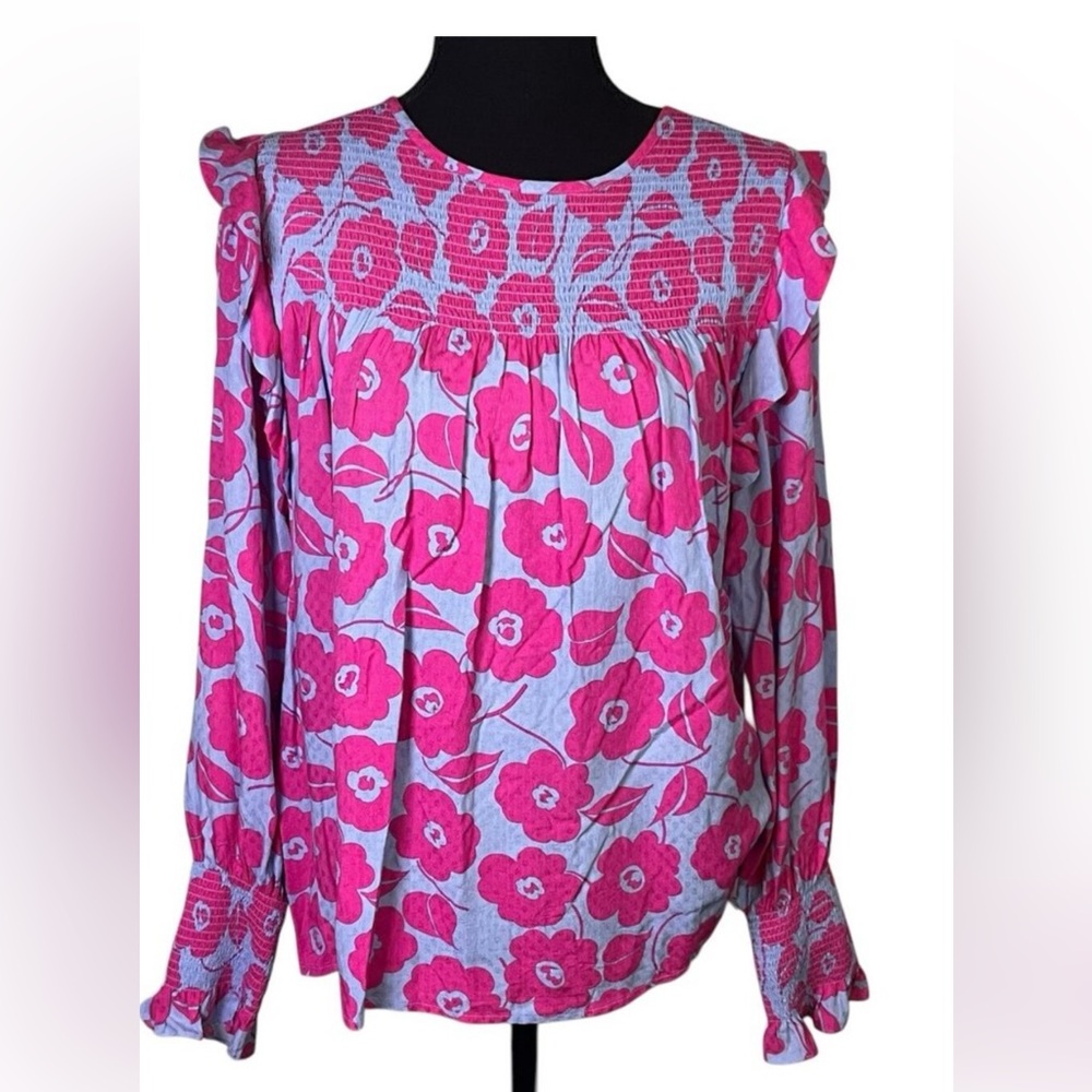 Charter Club Smocked Long Sleeve Floral Top Sz M Pink Purple Full Bloom Coquette
